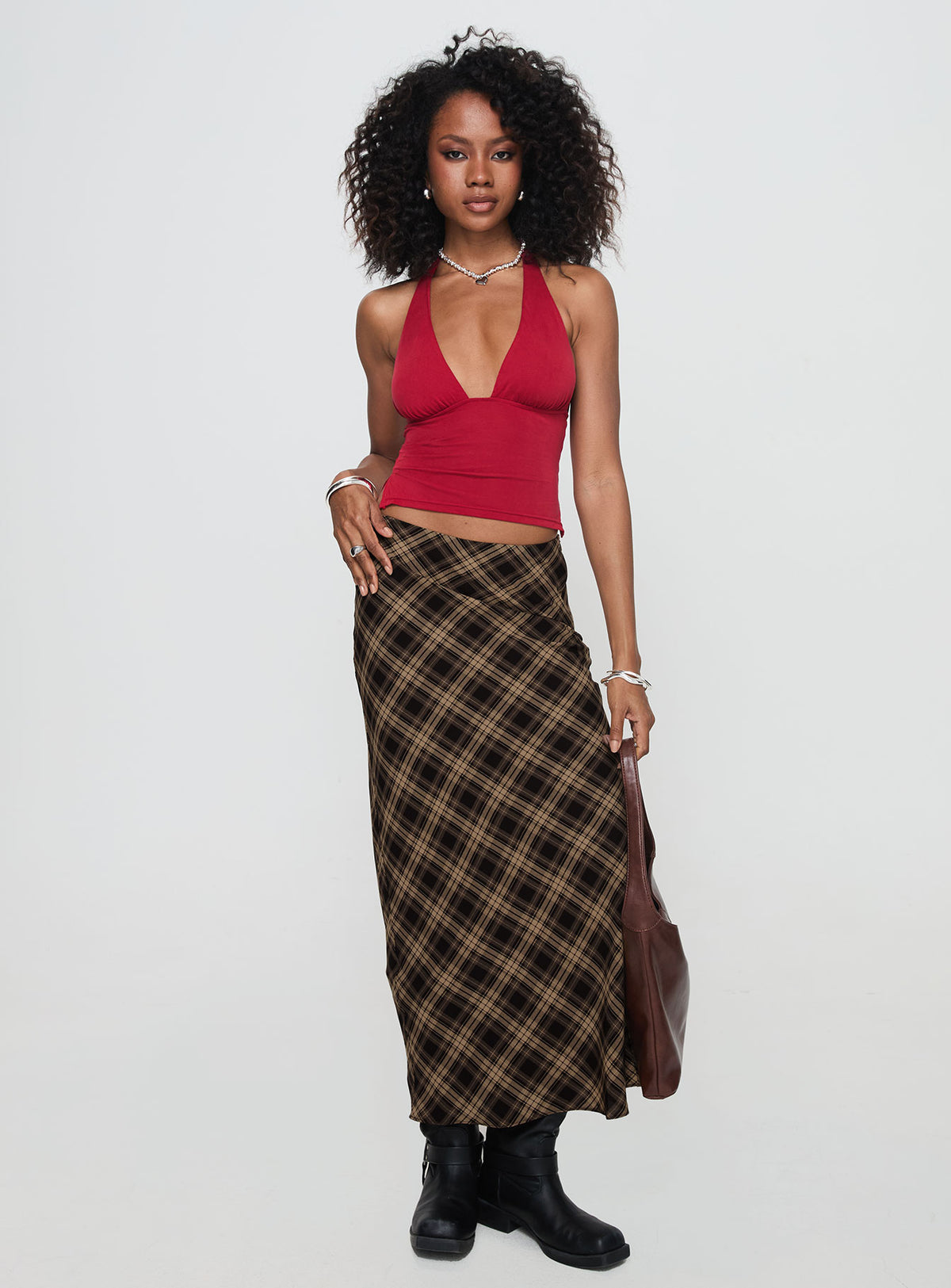   side view of model wearing Princess Polly Hayze Maxi Skirt Brown Check Maxi Skirts Skirts 