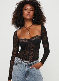 front view of model wearing Princess Polly Cadrot Long Sleeve Lace Bodysuit Black Long Sleeve Tops Bodysuit 