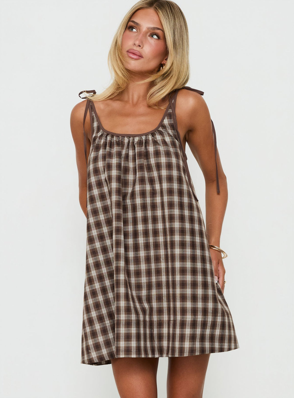 Lucka Babydoll Tie Mini Dress Brown Check