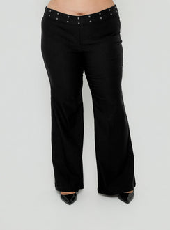 Discover the Yevina Eyelet Flare Pant Black Curve womens-regular-pants with mid-rise detail Princess Polly