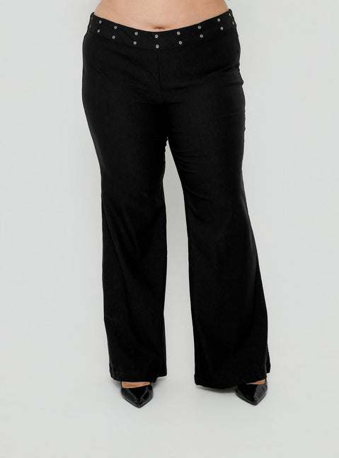 Discover the Yevina Eyelet Flare Pant Black Curve womens-regular-pants with mid-rise detail Princess Polly