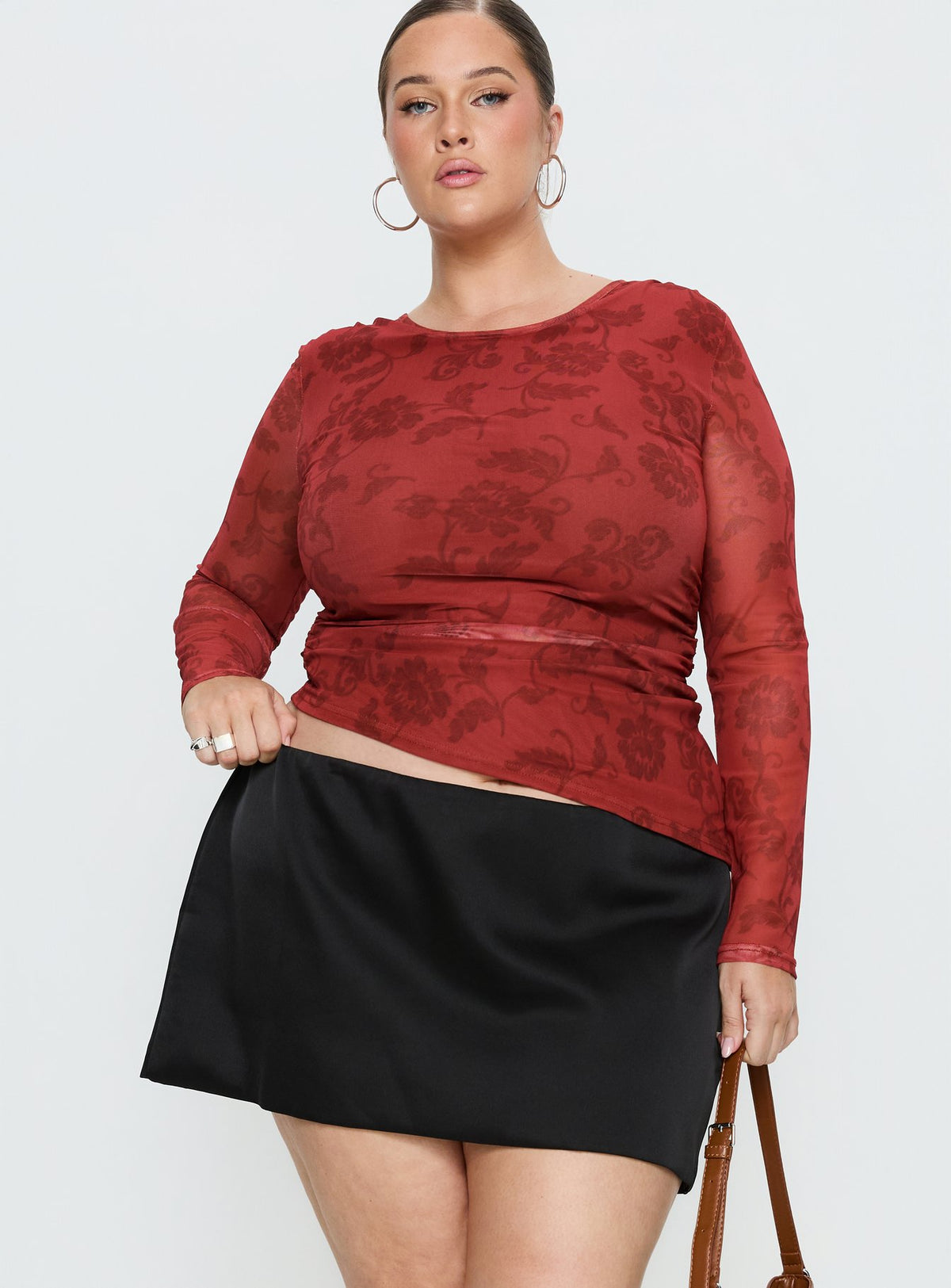   front view of model wearing Princess Polly Nadya Satin Tailored Mini Skirt Black Curve Skirts 