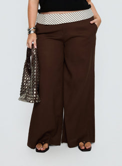front view of model wearing Princess Polly Past Life Fold Over Waistband Pant Brown / Stripe Curve Mid Rise Pants Pants 