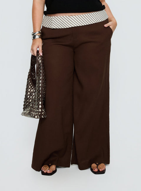 front view of model wearing Princess Polly Past Life Fold Over Waistband Pant Brown / Stripe Curve Mid Rise Pants Pants 