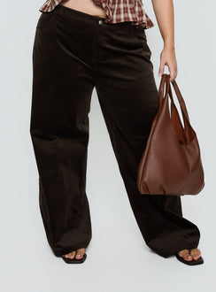 front view of model wearing Princess Polly Kenza Wide Leg Corduroy Pant Brown Curve Mid Rise Pants Pants 