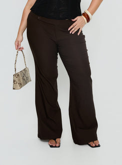 front view of model wearing Princess Polly Kinkirk Flared Pants Chocolate Curve Mid Rise Pants Pants 