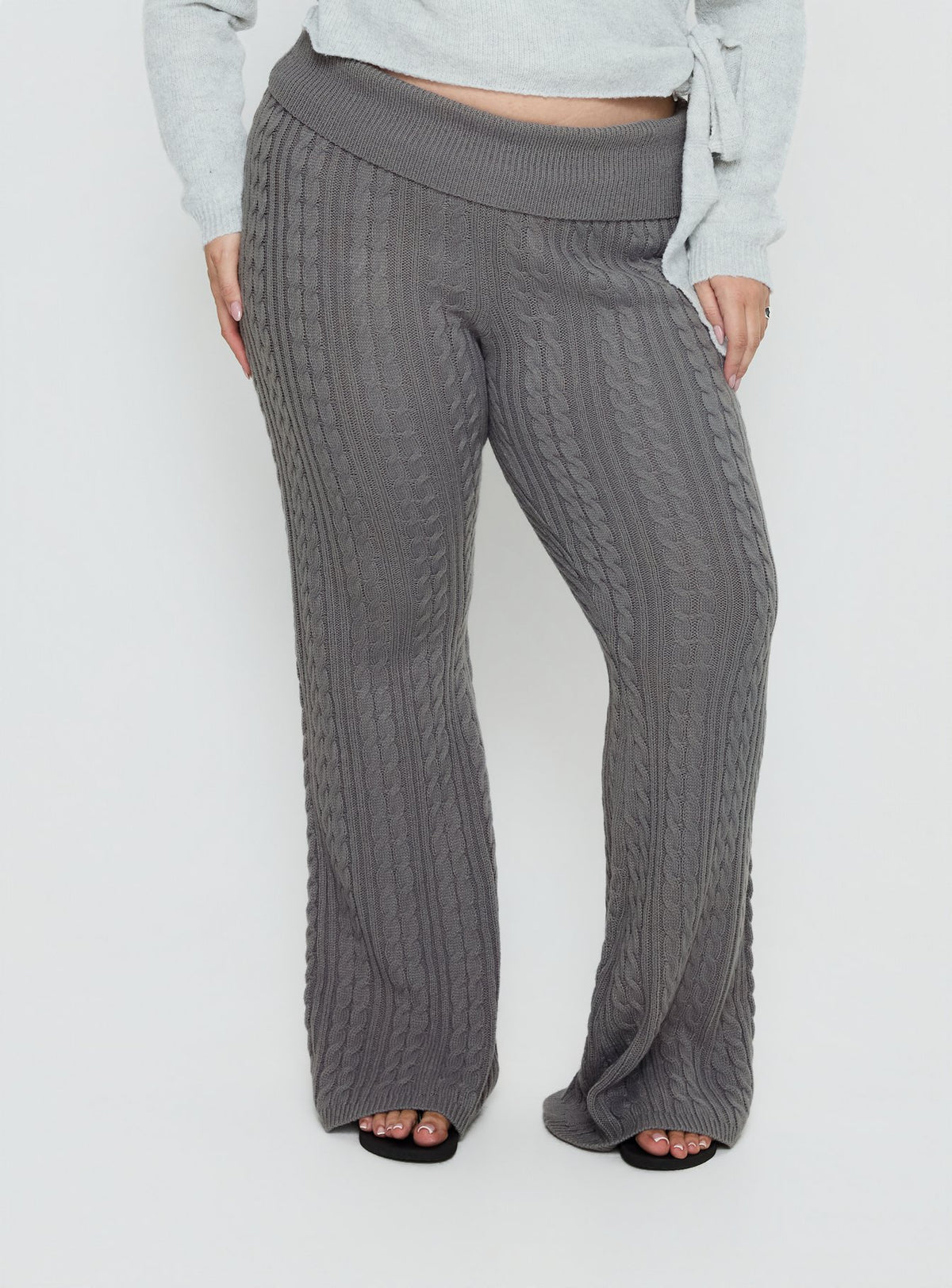 back view of model wearing Princess Polly Baleigh Cable Knit Foldover Pants Grey Curve High Rise Pants Pants 