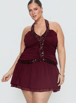 Aisleigh Sequin Halter Mini Dress Berry Curve