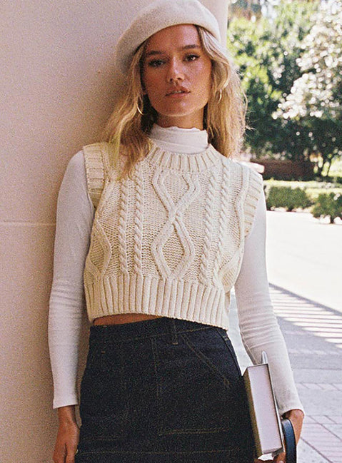 front view of model wearing Princess Polly Carey Sweater Vest Beige Cropped Jumpers Jumpers 