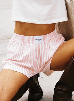 side view of model wearing Princess Polly Sincar Boxer Shorts Pink / White Stripe High Waisted Shorts 