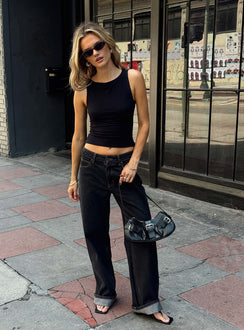 front view of model wearing Princess Polly Top Model Low Rise Straight Leg Jeans Charcoal High Rise Jeans Jeans 