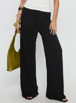 front view of model wearing Princess Polly Gavrielle Jersey Wide Leg Pants Black High Rise Pants Pants 