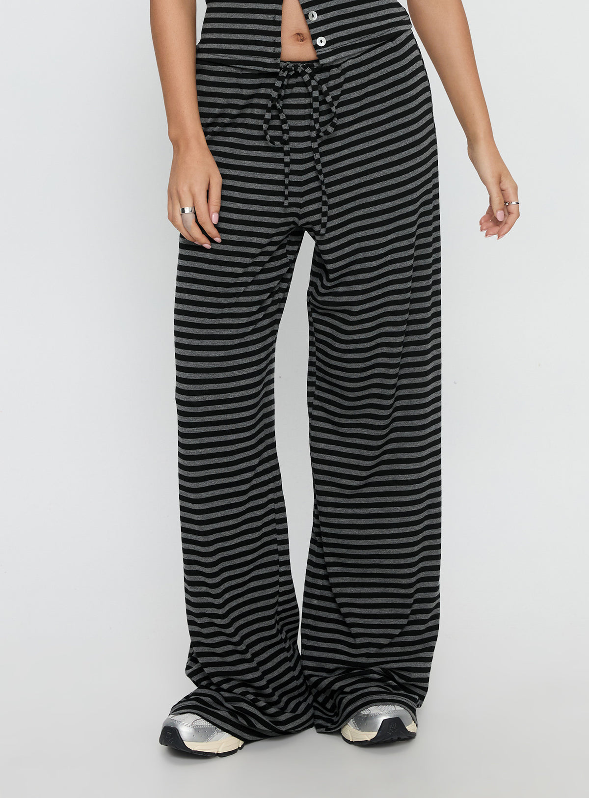 front view of model wearing Princess Polly Gavrielle Jersey Wide Leg Pants Stripe High Rise Pants Pants 