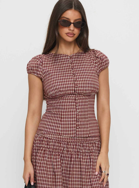 Alixandra Puff Sleeve Blouse Top Red Check