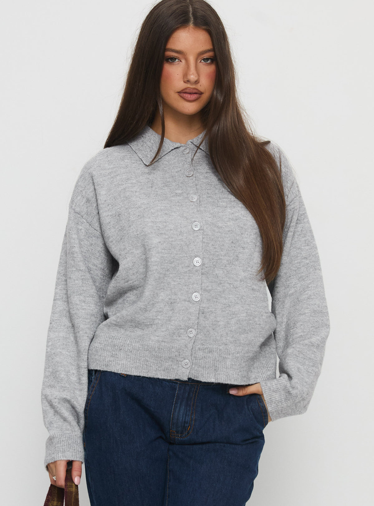 front view of model wearing Princess Polly Nadyna Collared Cardigan Grey Marle Jumpers 