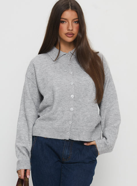 front view of model wearing Princess Polly Nadyna Collared Cardigan Grey Marle Jumpers 