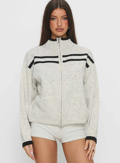front view of model wearing Princess Polly Overstayed Zip Through Cardigan Grey Jumpers 