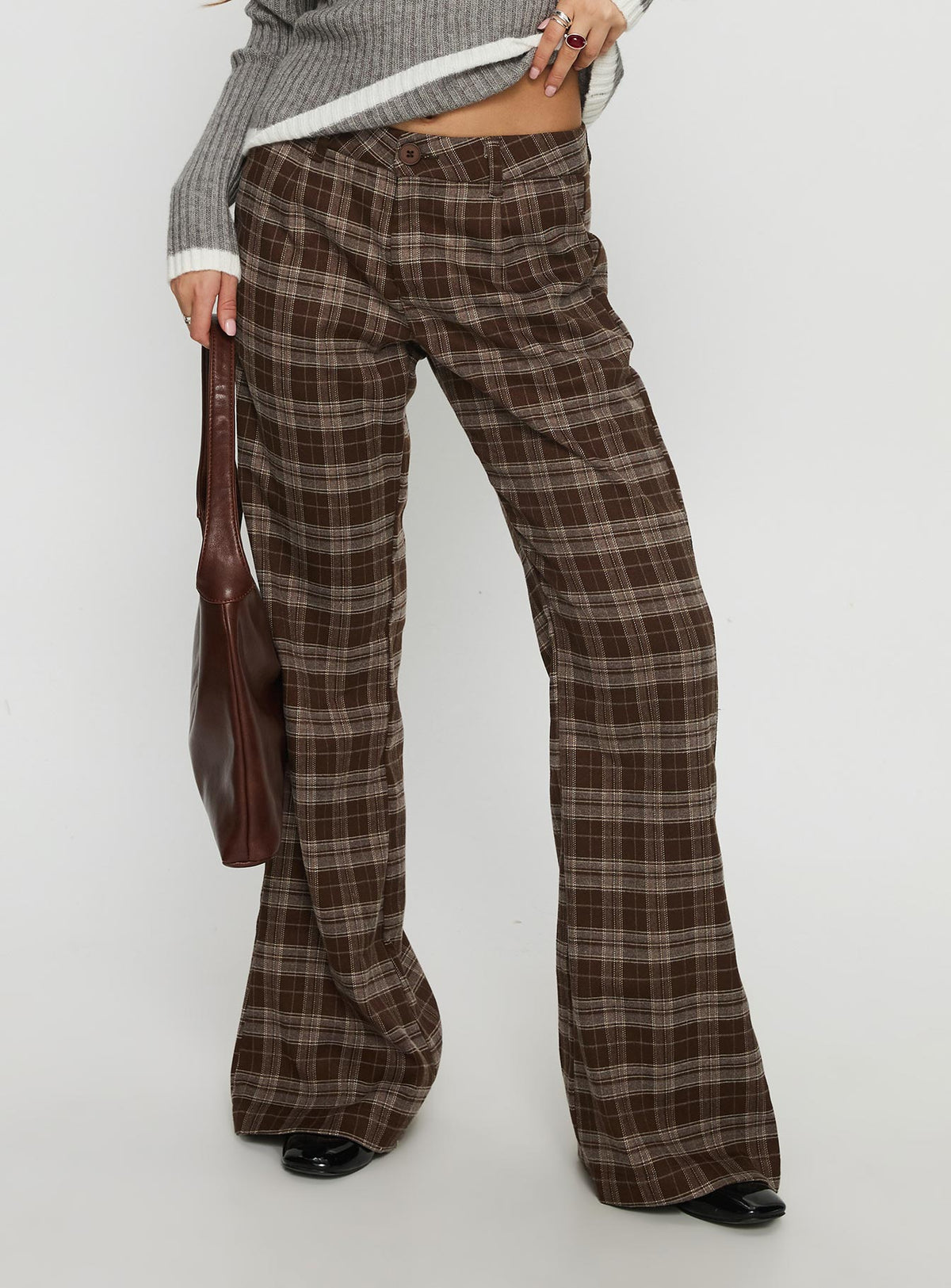 back view of model wearing Princess Polly Emiroki Straight Leg Pants Brown Check Mid Rise Pants Pants 