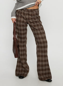 back view of model wearing Princess Polly Emiroki Straight Leg Pants Brown Check Mid Rise Pants Pants 