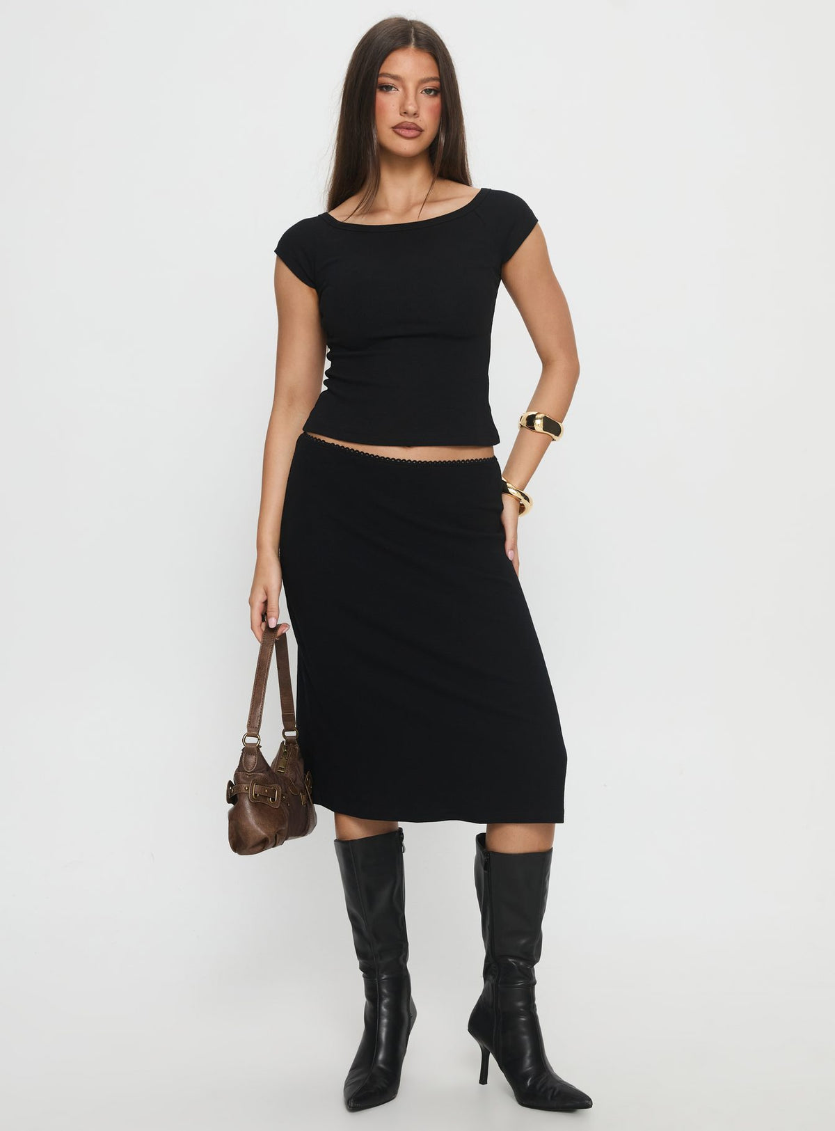   front view of model wearing Princess Polly Baseline Rib Midi Skirt Black Midi Skirts Skirts 