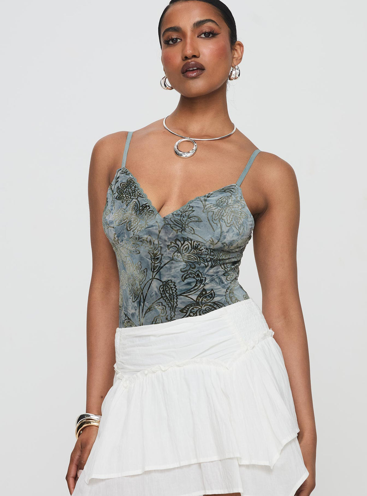 back view of model wearing Princess Polly Love Again Bodysuit Blue Sleeveless Bodysuit 