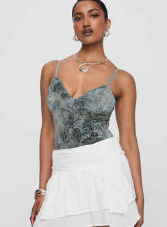 back view of model wearing Princess Polly Love Again Bodysuit Blue Sleeveless Bodysuit 