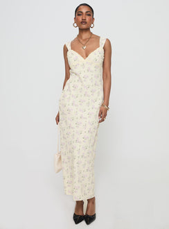 front view of model wearing Princess Polly Fernwood Maxi Dress Yellow Floral Plunger 