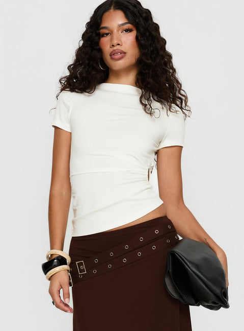   front view of model wearing Princess Polly Lorensa Double Buckle Asymmetrical Midi Skirt Brown Midi Skirts Skirts 