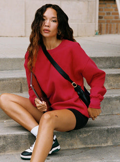front view of model wearing Princess Polly Dream Fleece Classic Crewneck Sweatshirt Red Longline Jumpers Jumpers 