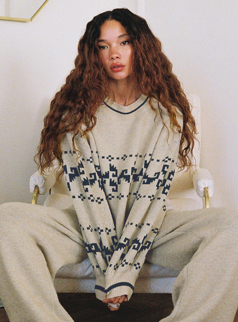 front view of model wearing Princess Polly Alpine Sweater Cream / Blue regular Jumpers 