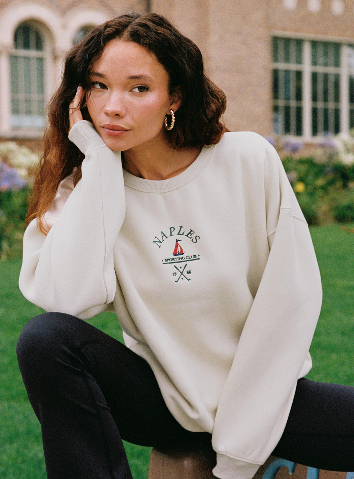 side view of model wearing Princess Polly Dream Fleece Classic Crewneck Sweater Beige Jumpers 