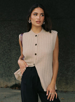 front view of model wearing Princess Polly Brookvale Button Up Knit Vest Beige Longline Jumpers Jumpers 