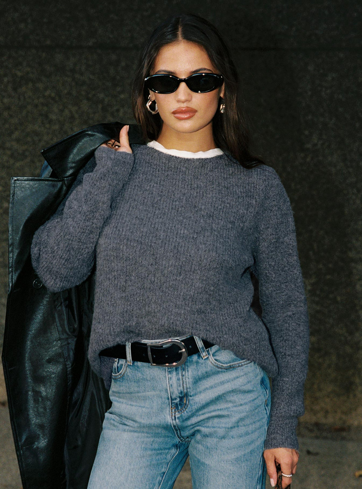 front view of model wearing Princess Polly Abrams Rib Knit Crew Sweater Charcoal Marle regular Jumpers 