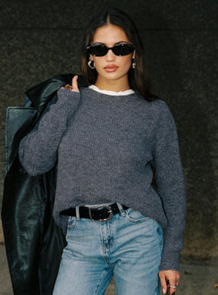 front view of model wearing Princess Polly Abrams Rib Knit Crew Sweater Charcoal Marle regular Jumpers 