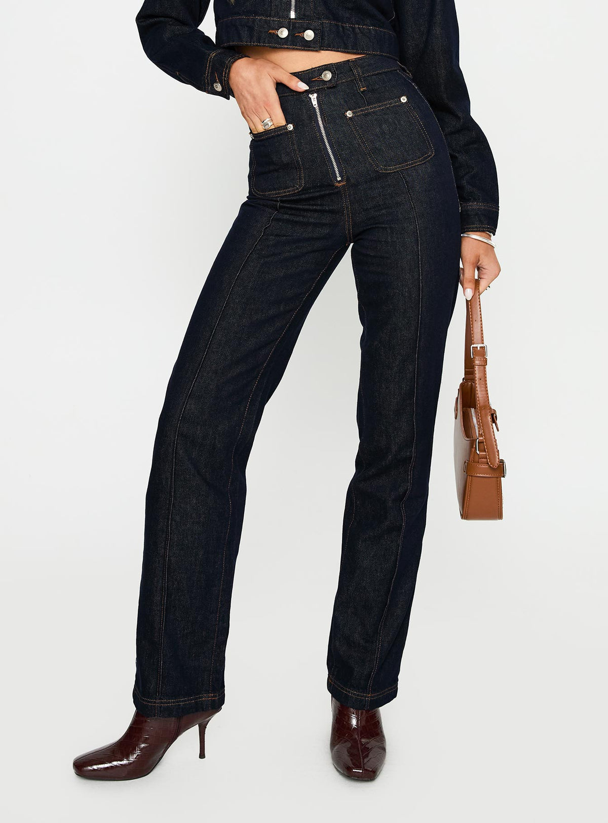 front view of model wearing Princess Polly Stallion Straight Leg Jeans Indigo High Waisted 