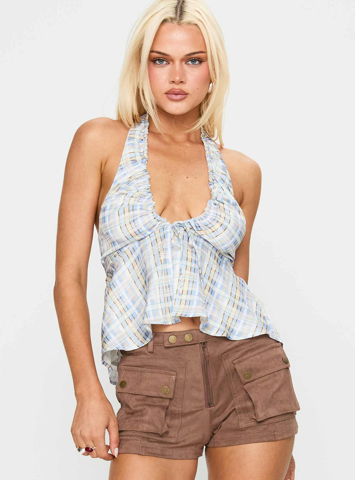 front view of model wearing Princess Polly Gadot Halter Top Blue Check Sleeveless Plunger 