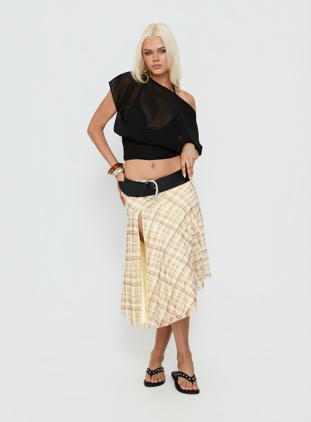   side view of model wearing Princess Polly Dulciana High Split Asymmetrical Midi Skirt Multi Check Midi Skirts Skirts 