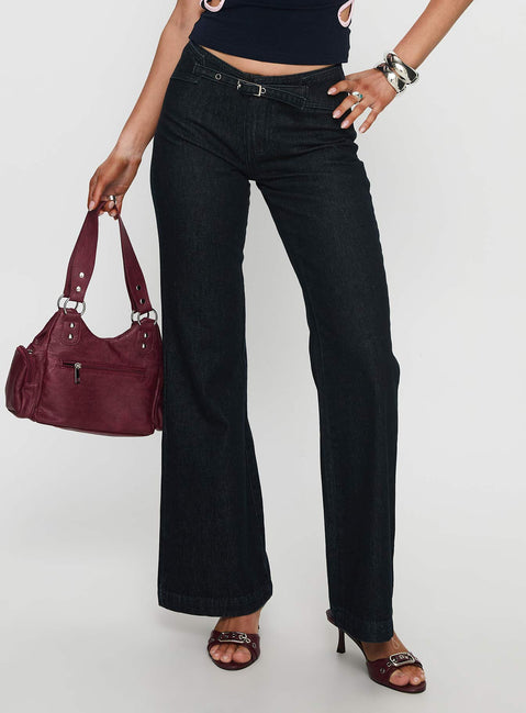 side view of model wearing Princess Polly Slow Ride Mid Rise Bootleg Belted Jeans Dark Indigo Blue Mid Rise Jeans Jeans 