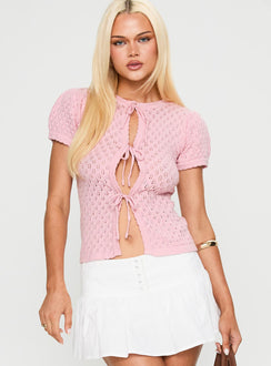 front view of model wearing Princess Polly Mari Knit Top Pink Short Sleeves Crew Neck 