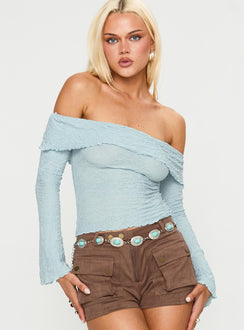 side view of model wearing Princess Polly Back With Love Off Shoulder Long Sleeve Top Blue Full Sleeves straight 