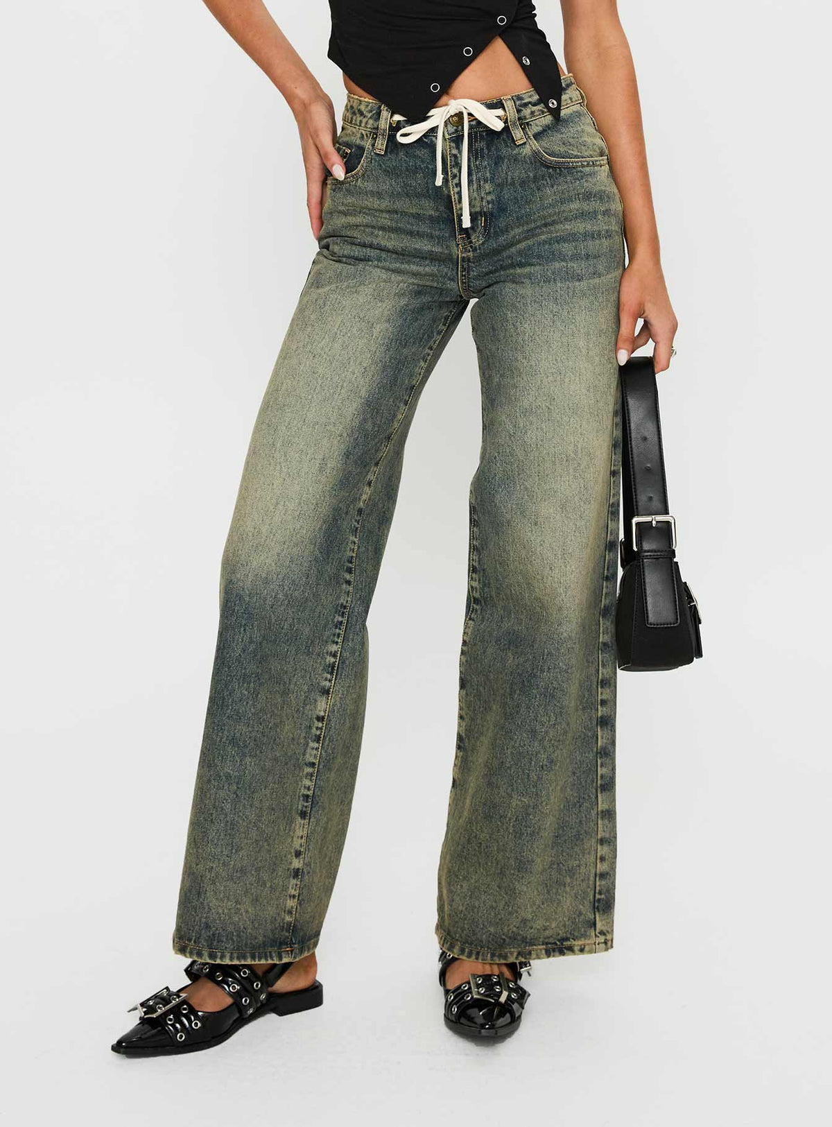 front view of model wearing Princess Polly Mellowed Out Low Rise Straight Leg Jeans Antique Wash Mid Rise Jeans Jeans 