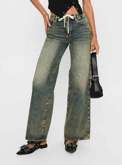 front view of model wearing Princess Polly Mellowed Out Low Rise Straight Leg Jeans Antique Wash Mid Rise Jeans Jeans 