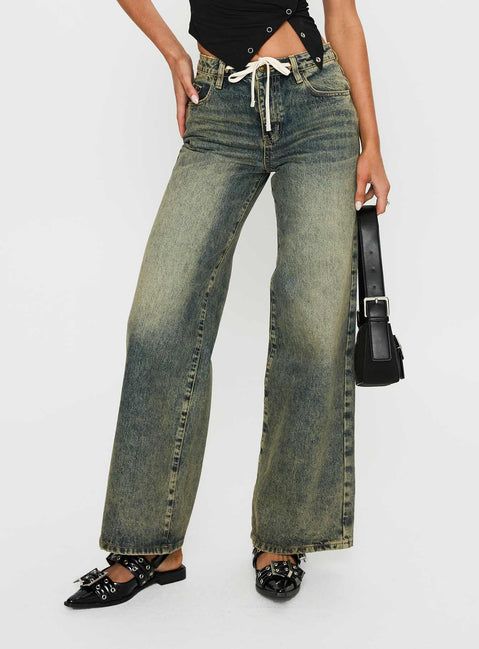 front view of model wearing Princess Polly Mellowed Out Low Rise Straight Leg Jeans Antique Wash Mid Rise Jeans Jeans 