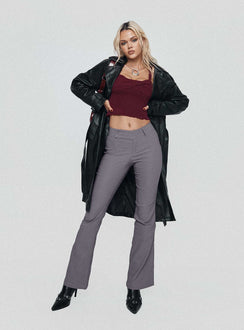 front view of model wearing Princess Polly Kinkirk Flared Pants Grey Mid Rise Pants Pants 