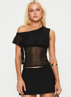 front view of model wearing Princess Polly Cicero One Shoulder Frill Top Black Sleeveless Asymmetric Neckline 