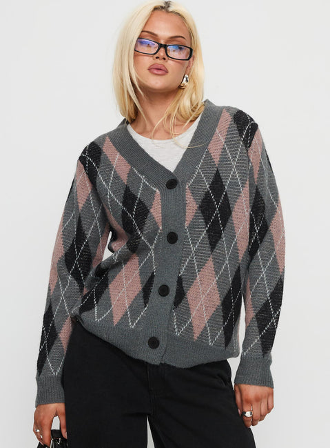 front view of model wearing Princess Polly Zeeva Button Through Knit Cardigan Grey Argyle Longline Jumpers Jumpers 