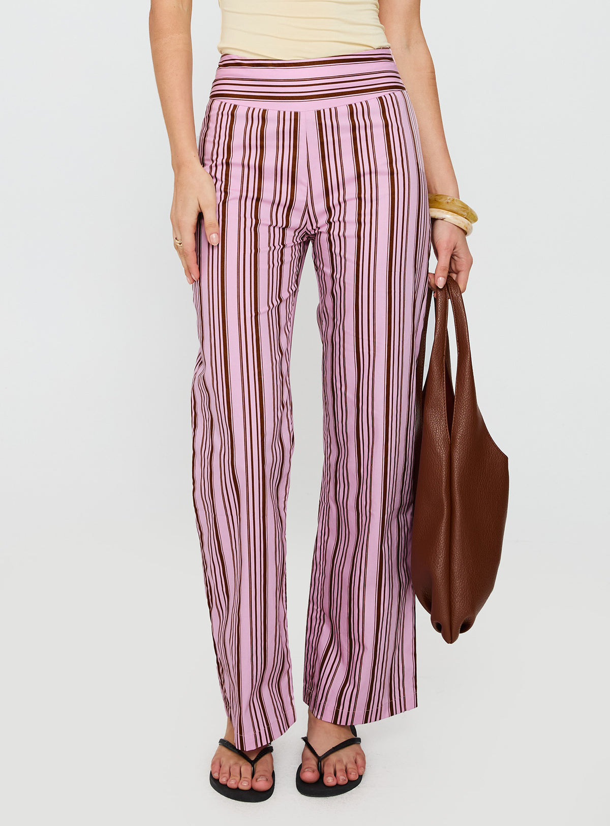 back view of model wearing Princess Polly Leocadie Pants Pink Stripe High Rise Pants Pants 