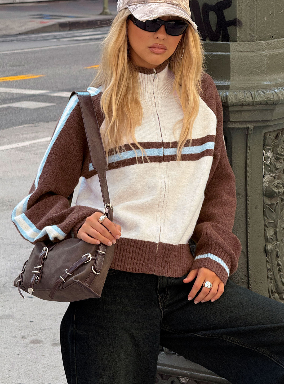 Explore the Lexanne Zip Through Knit Jumper Cream Multi womens-jumpers featuring short length front view of model wearing Princess Polly