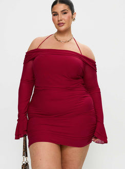side view of model wearing Princess Polly Taylon Off The Shoulder Mini Dress Red Curve Straight Neck 