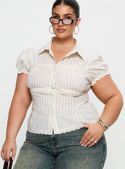 front view of model wearing Princess Polly Deserve You Puff Sleeve Button Front Top Cream Stripe Curve Short Sleeves V-Neck 